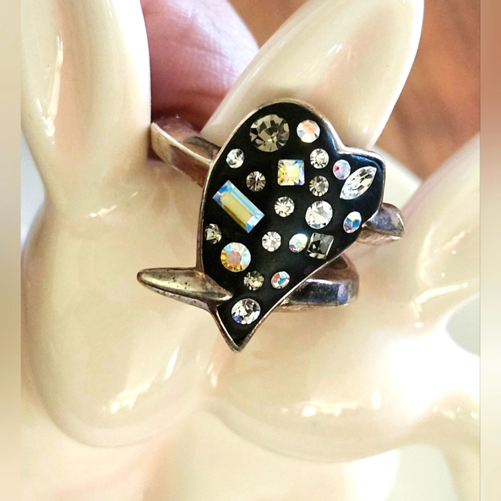 Black Heart Ring with Rhinestones. 925 Silver. Firm On Price.